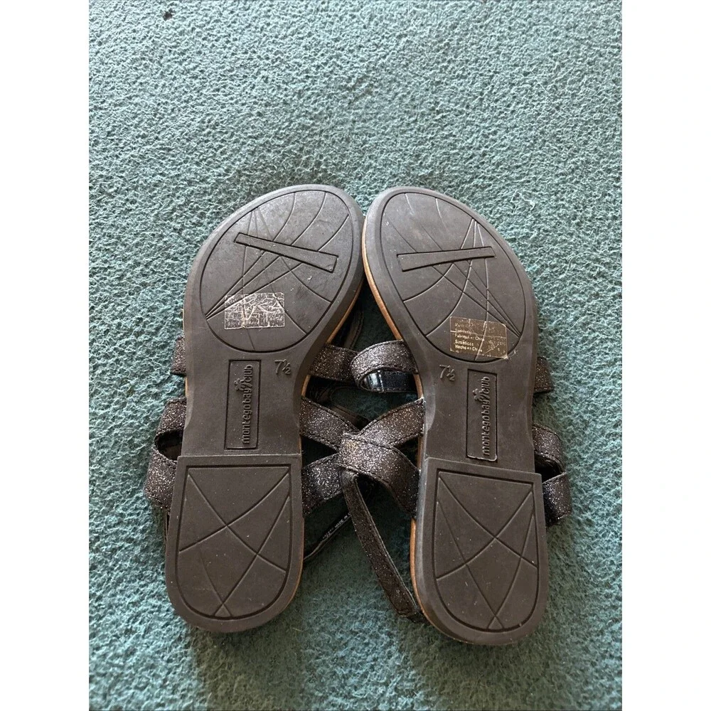 Montego Bay Black Glittery Sandals, Woman Size 7 1/2, flat slip on, elastic back